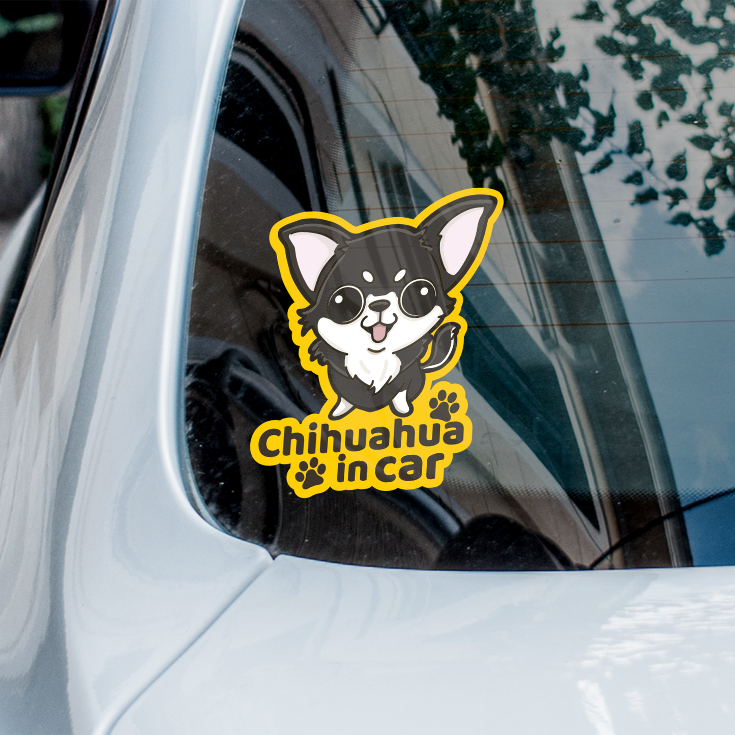 Long hair Chihuahua in car 長毛芝娃娃汽車貼紙（車內反貼）